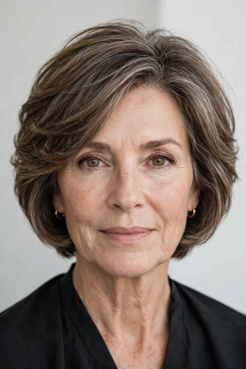 Elegant woman over 50 with layered short bob, soft dimensional layers, gentle light.