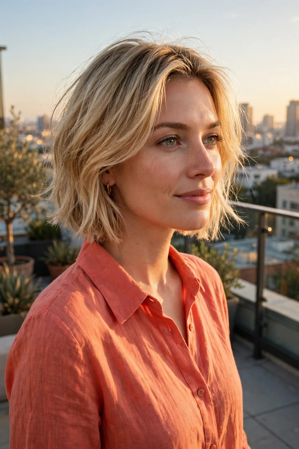 Young woman with a layered short bob, soft internal layers and swing, on a rooftop terrace.