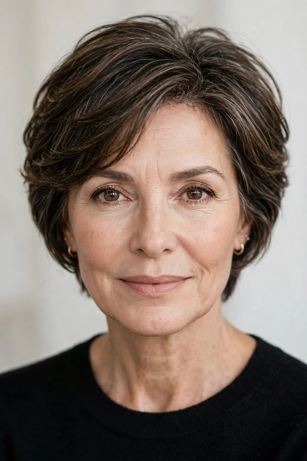 Elegant woman over 50 with layered short cut, soft dimensional layers, gentle light.