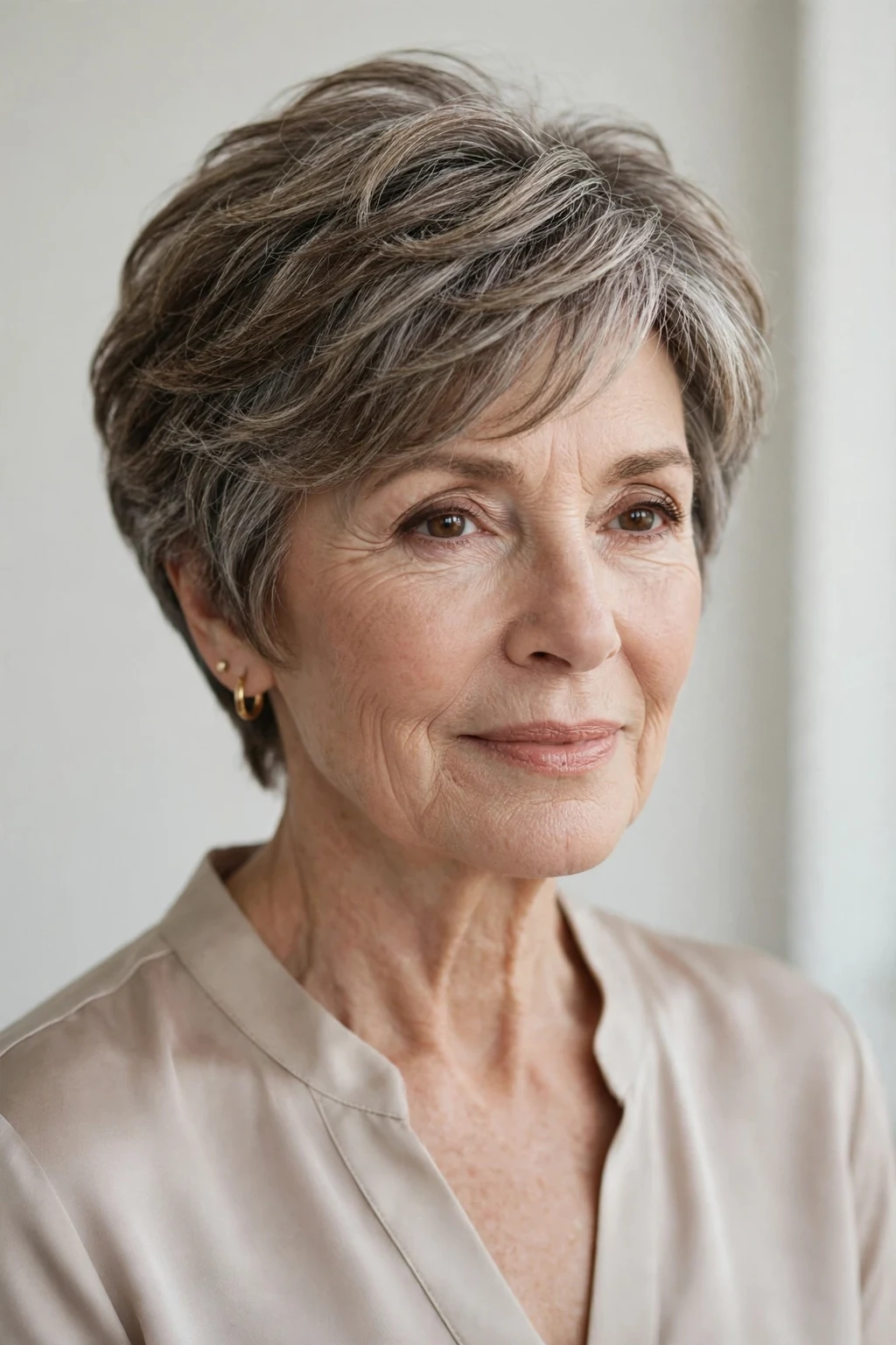 Elegant woman over 60 with layered short cut, soft dimensional layers, gentle light.
