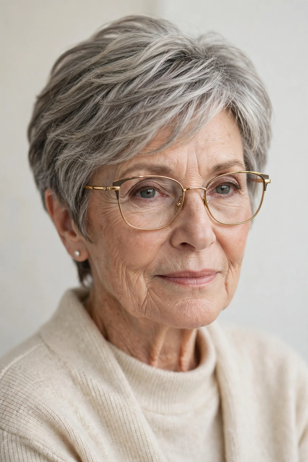 Elegant woman over 70 with glasses and layered short cut, soft dimensional layers, gentle light.