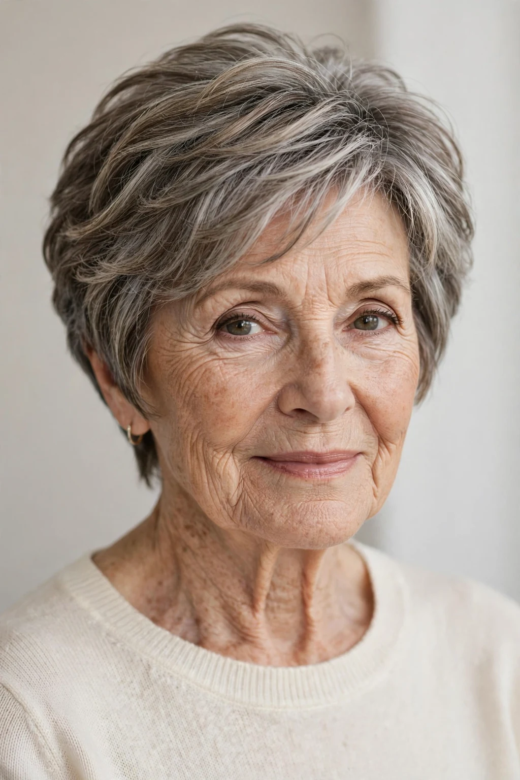 Elegant woman over 70 with layered short cut, soft dimensional layers, gentle light.