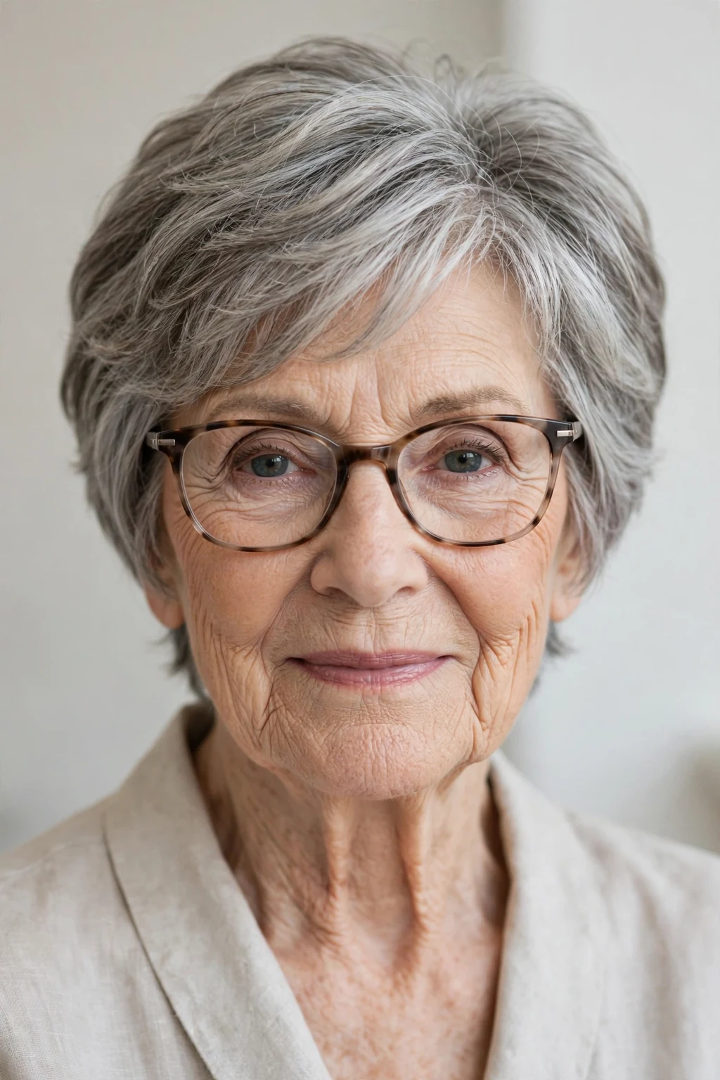 Elegant woman over 80 with glasses and layered short cut, soft dimensional layers, gentle light.