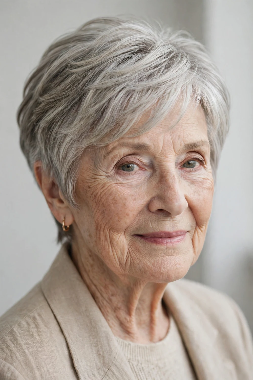 Elegant woman over 80 with layered short cut, soft dimensional layers, gentle light.