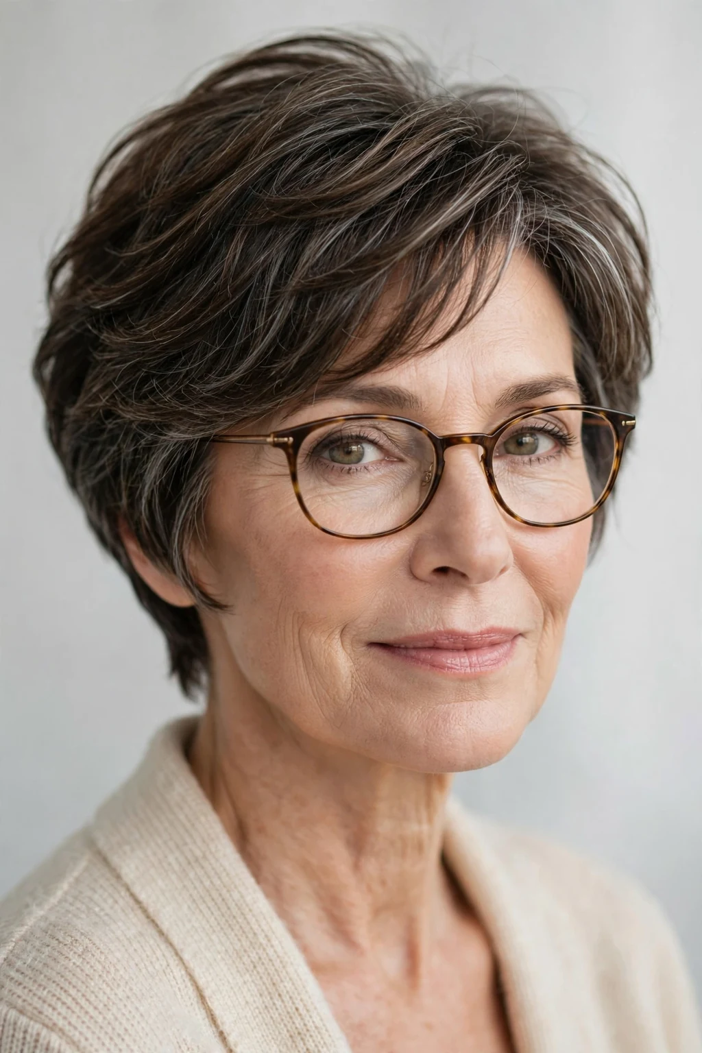 Elegant woman over 50 with glasses and layered short cut, soft dimensional layers, gentle light.