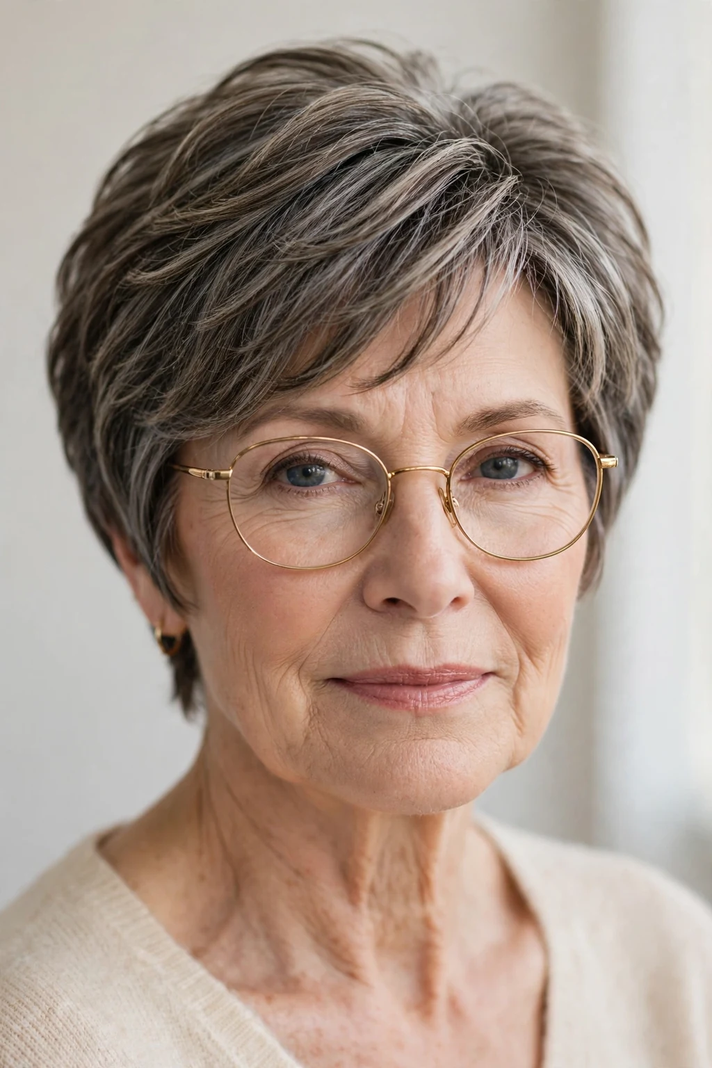 Elegant woman over 60 with glasses and layered short cut, soft dimensional layers, gentle light.