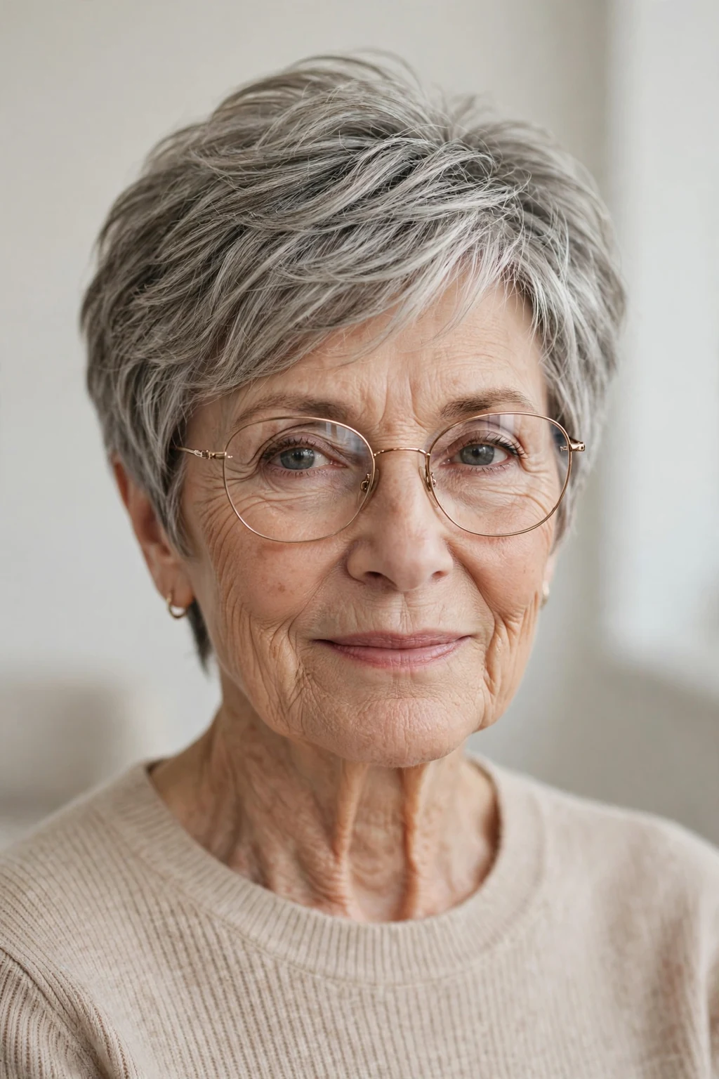 Elegant woman over 70 with glasses and layered short cut, soft dimensional layers, gentle light.
