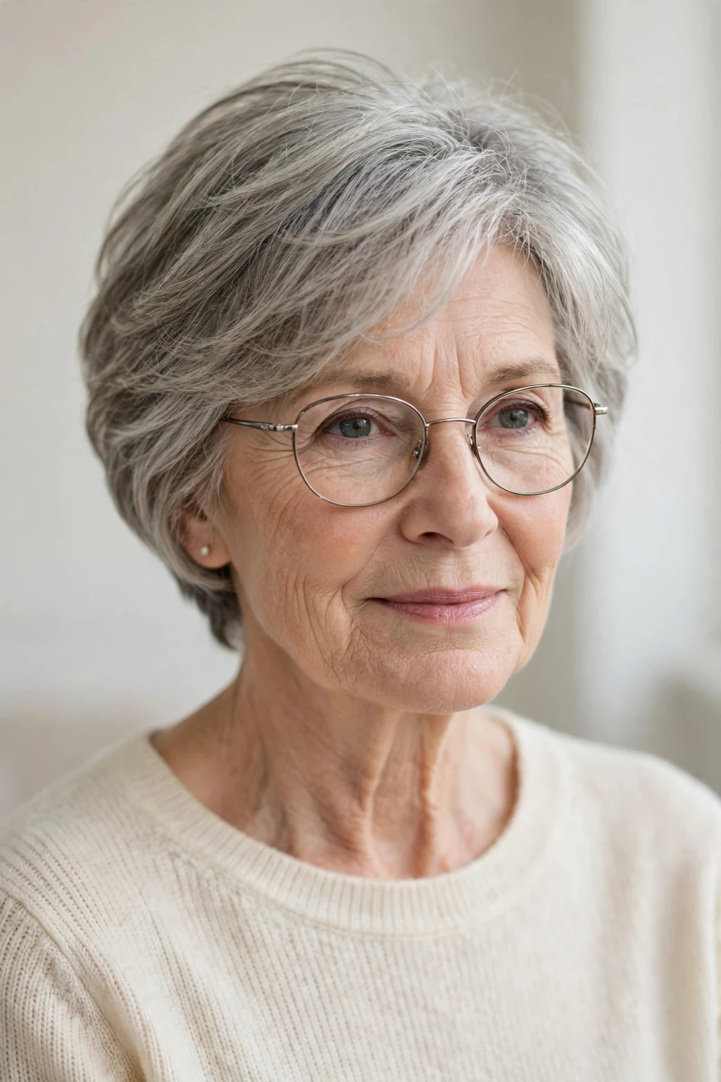Elegant woman over 60 with fine hair and glasses and layered short cut, soft dimensional layers, gentle light.