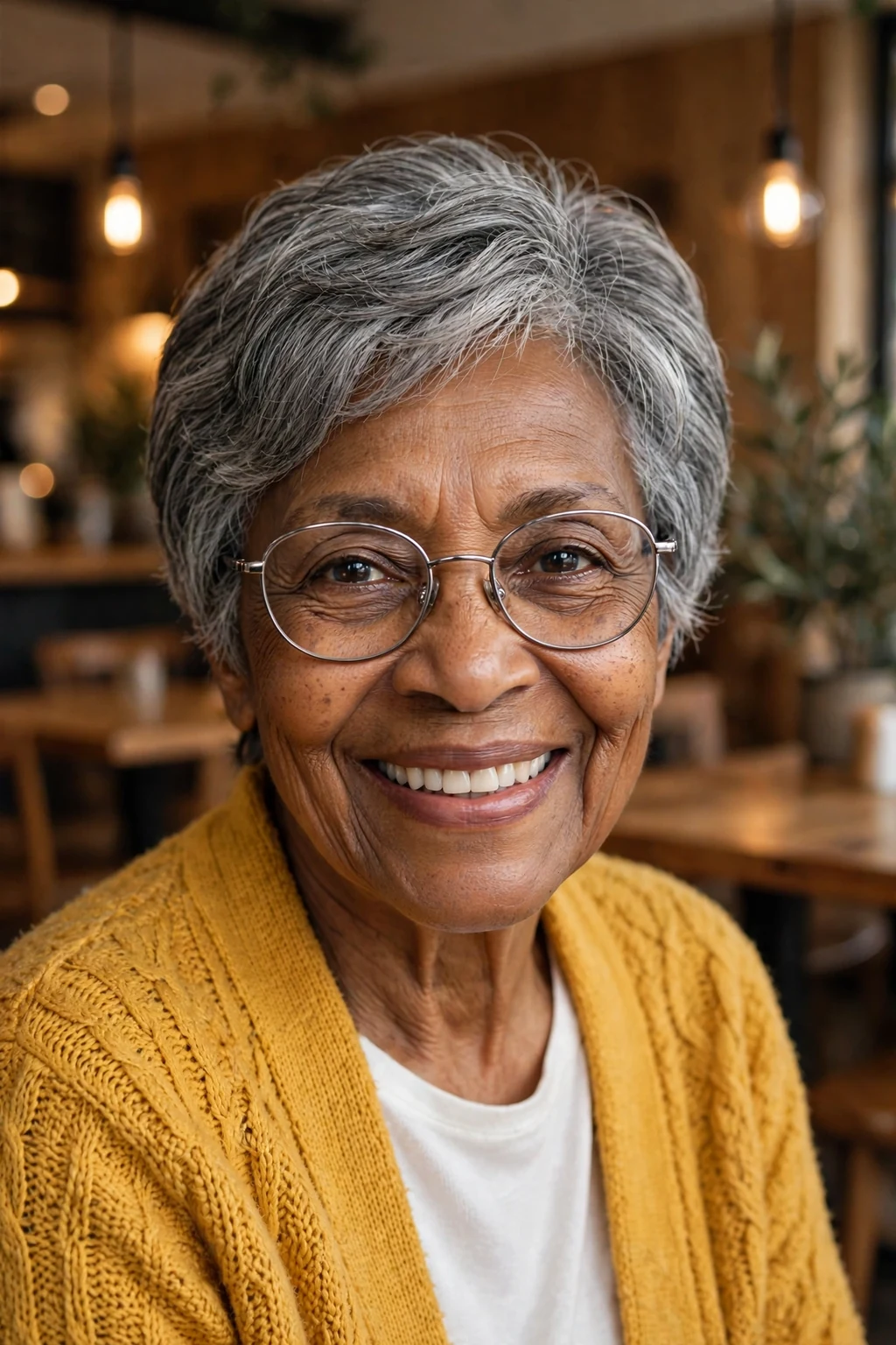 Elegant older woman over 70 with fine hair and glasses and layered short cut, soft dimensional layers, gentle light.