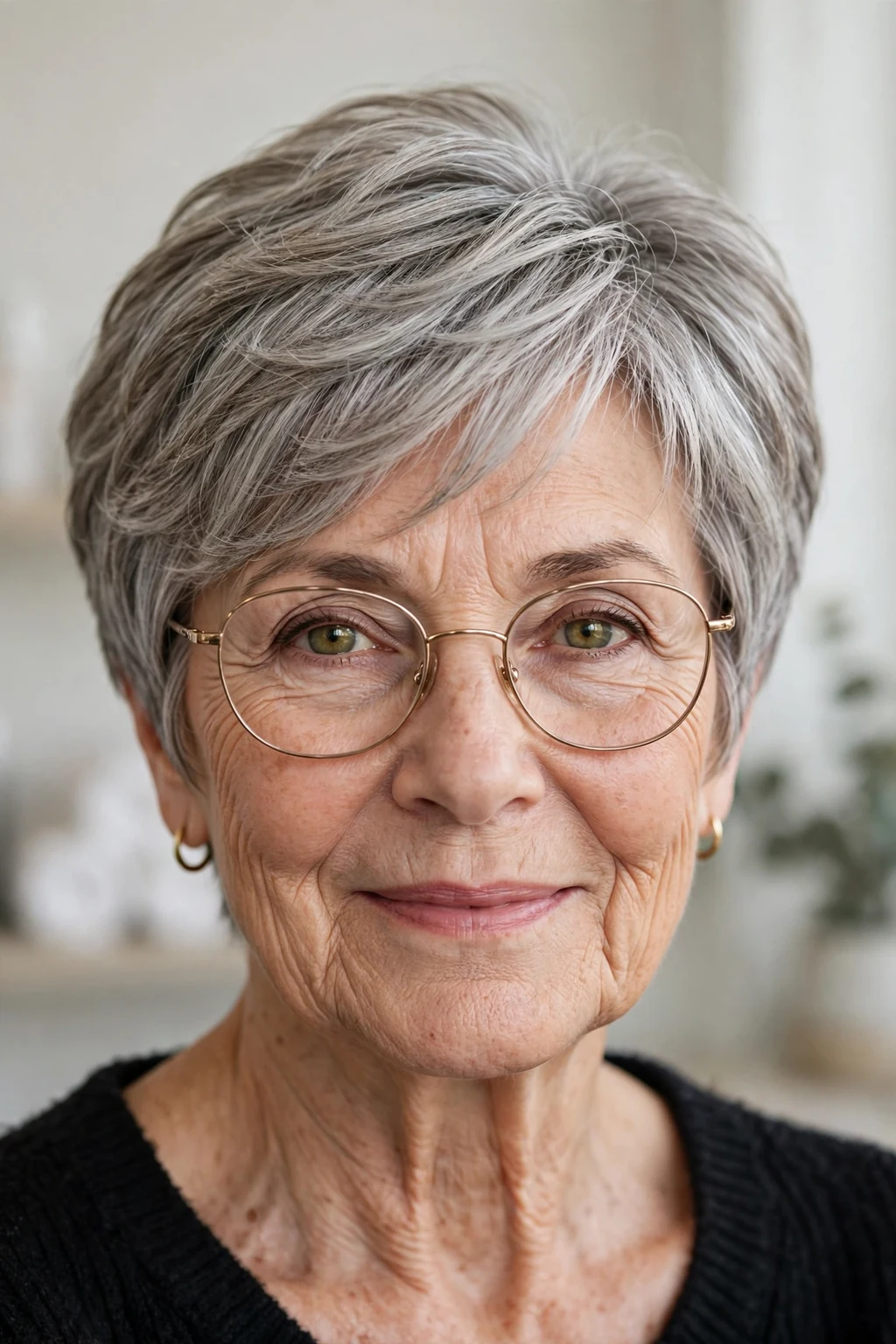 Elegant older woman with glasses and layered short cut, soft dimensional layers, gentle light.