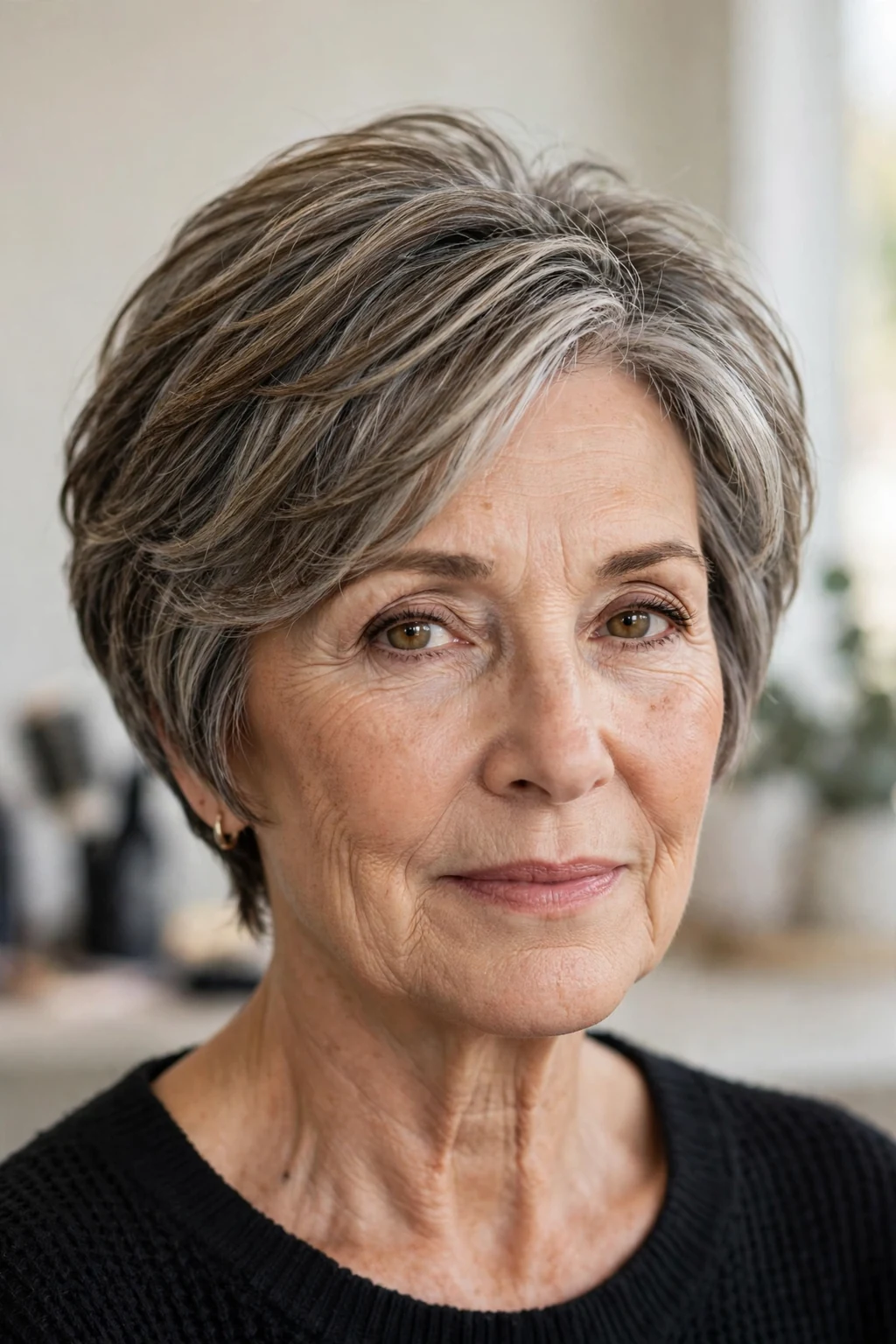 Elegant older woman over 50 with layered short cut, soft dimensional layers, gentle light.
