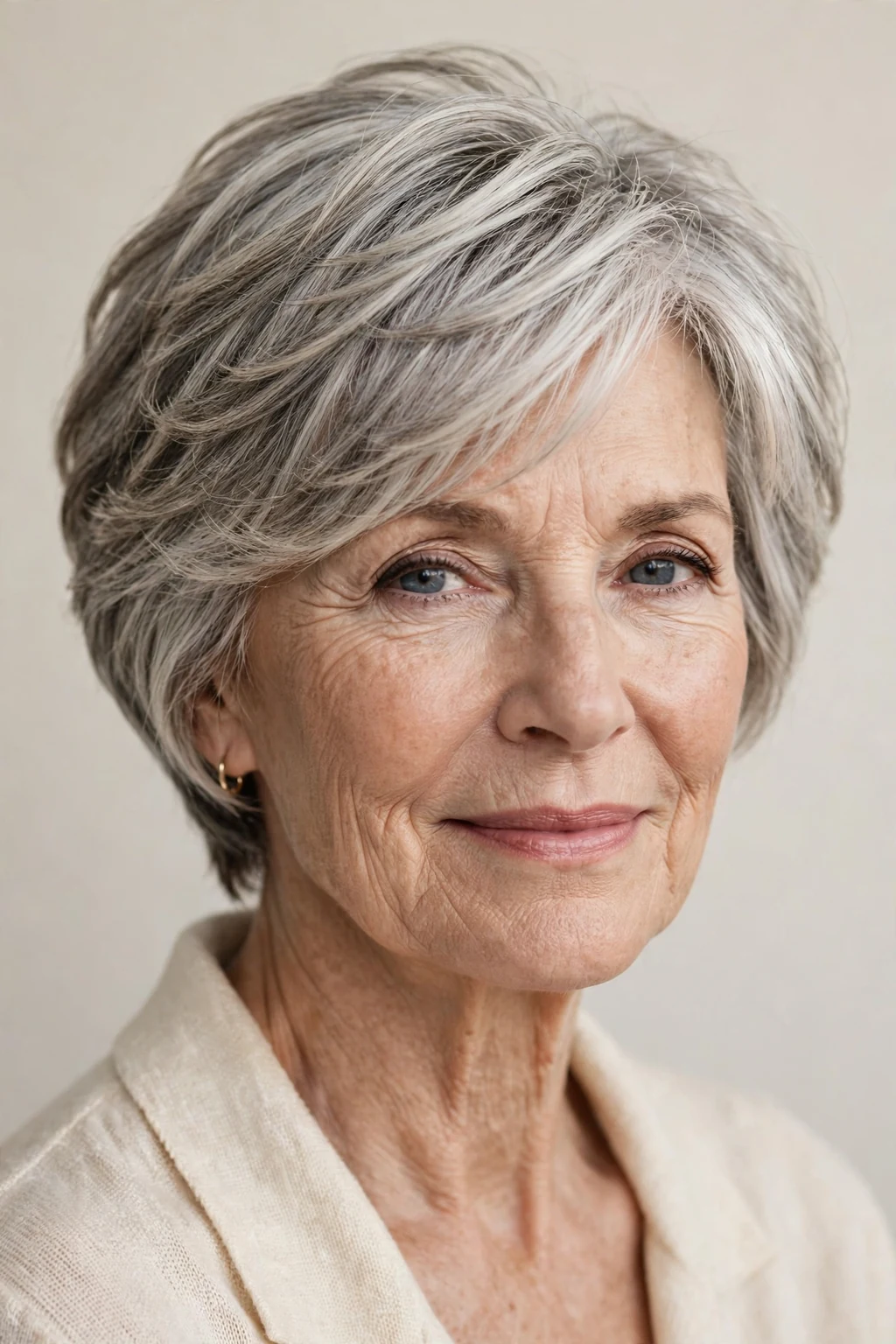 Elegant older woman over 60 with layered short cut, soft dimensional layers, gentle light.