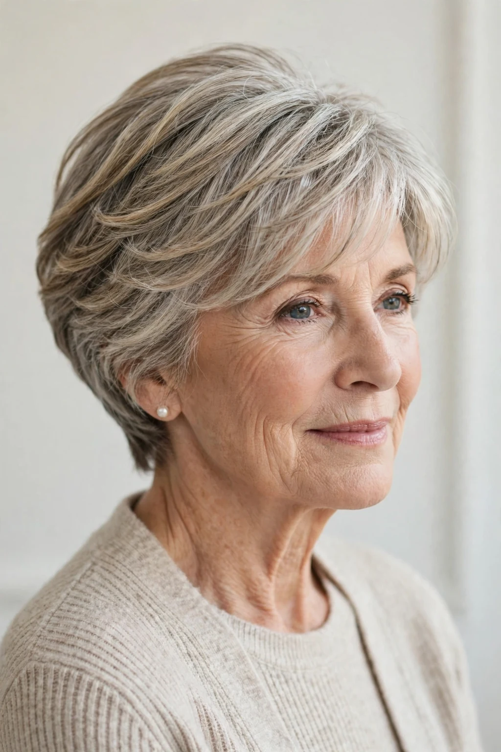 Elegant older woman with layered short cut, soft dimensional layers, gentle light.