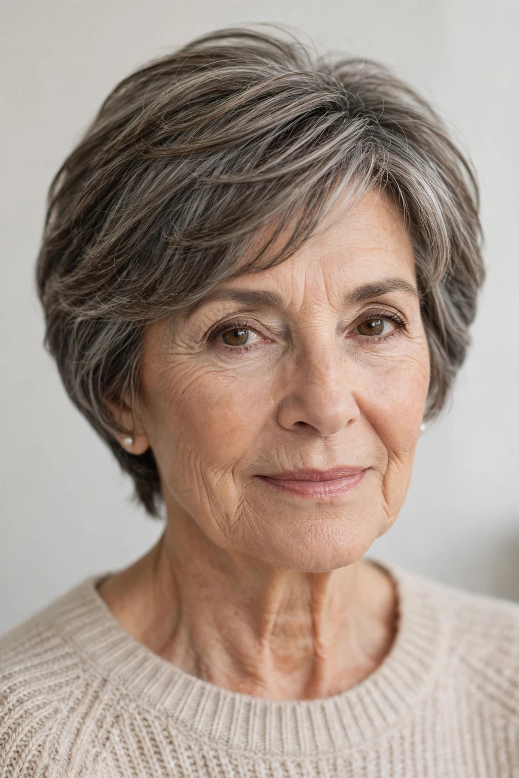 Elegant woman over 60 with layered short cut, soft dimensional layers, gentle light.
