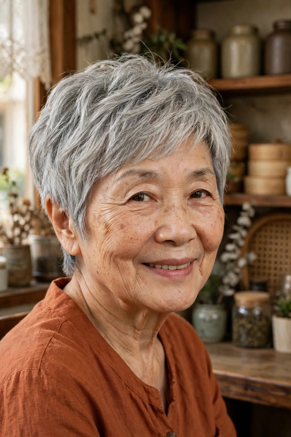 Stylish woman over seventy with a layered silver pixie cut full of texture.