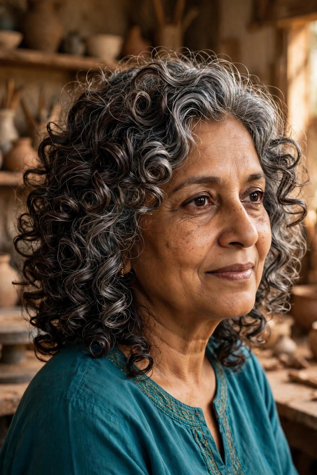 A woman in her mid-60s with layered spiral curls in dark silver hair, wearing a teal tunic in a pottery studio.