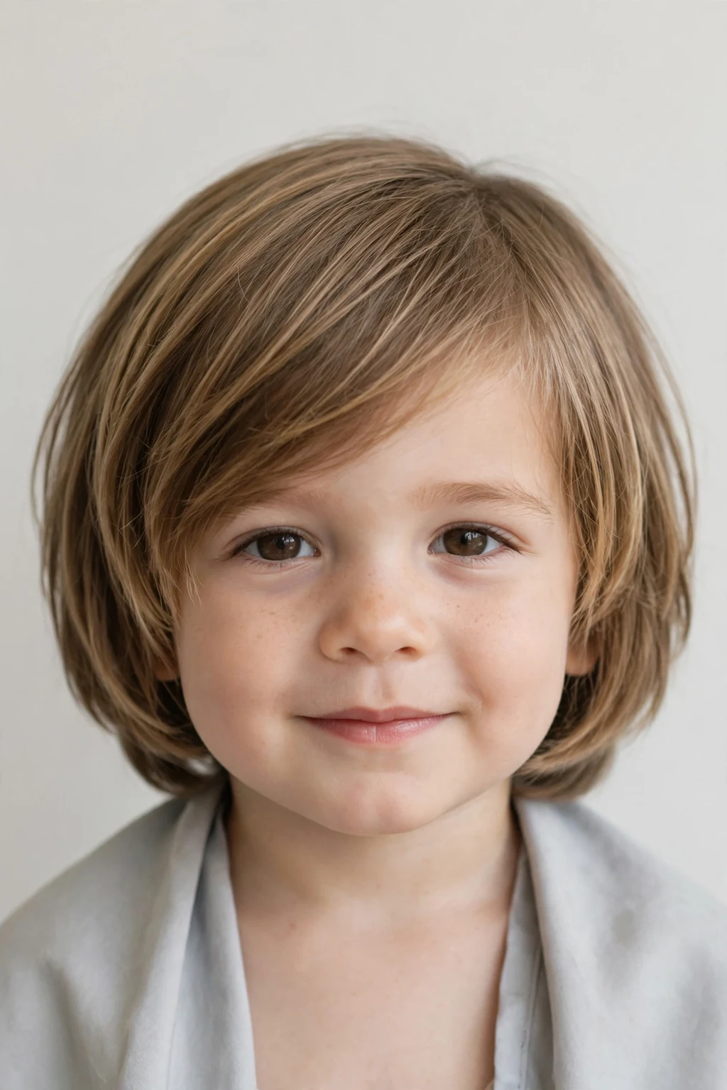 Toddler boy with a layered bob haircut, soft chin-length layers, gentle natural lighting.