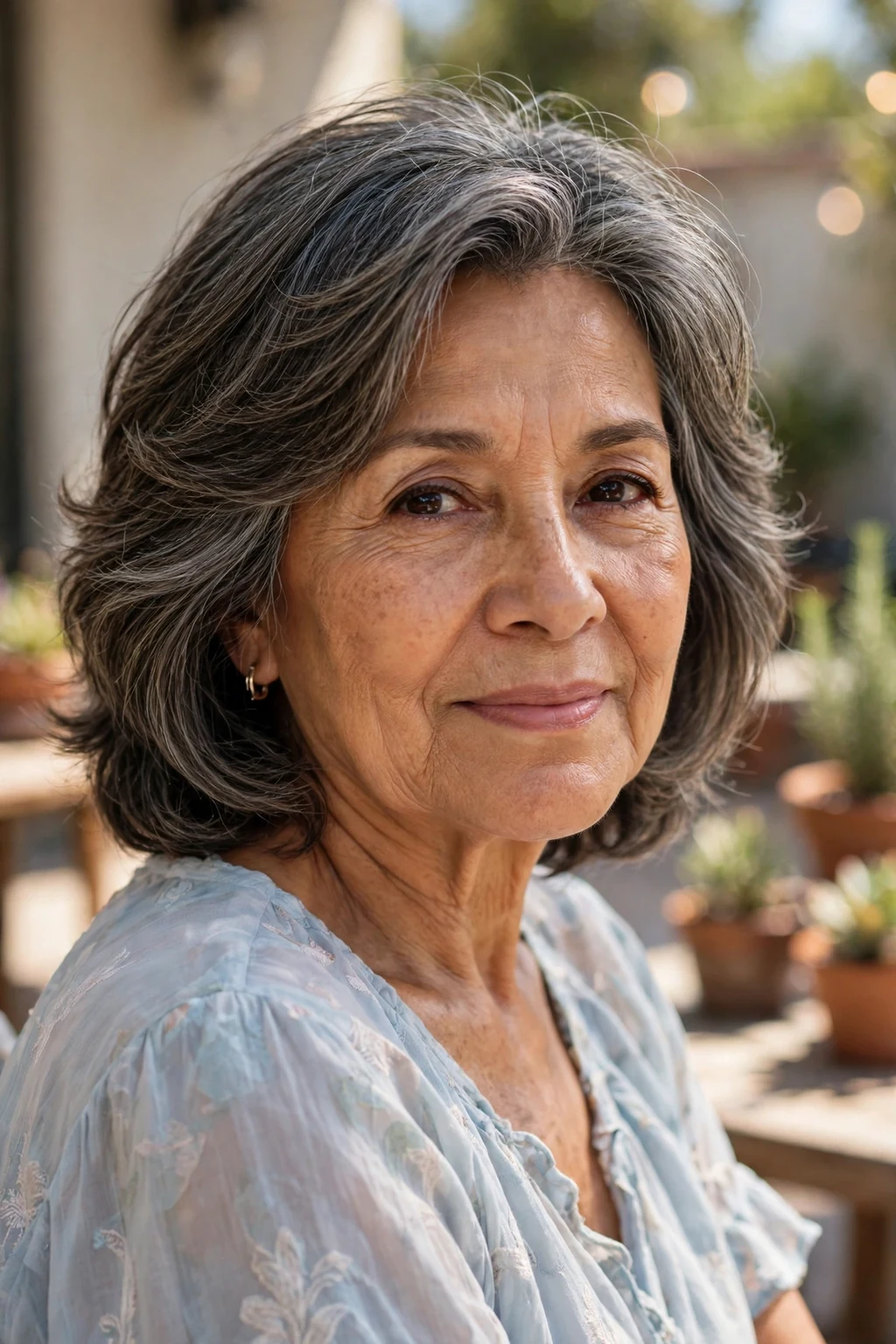 Beautiful older woman with layered wash-and-wear, soft layered cut, gentle light.