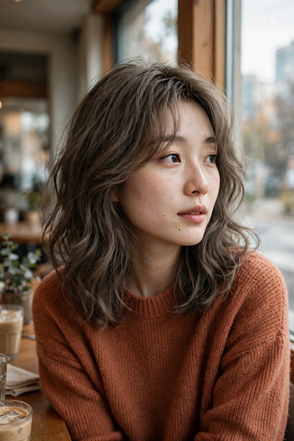 Young woman with a layered wavy mid-length cut and flowing waves.