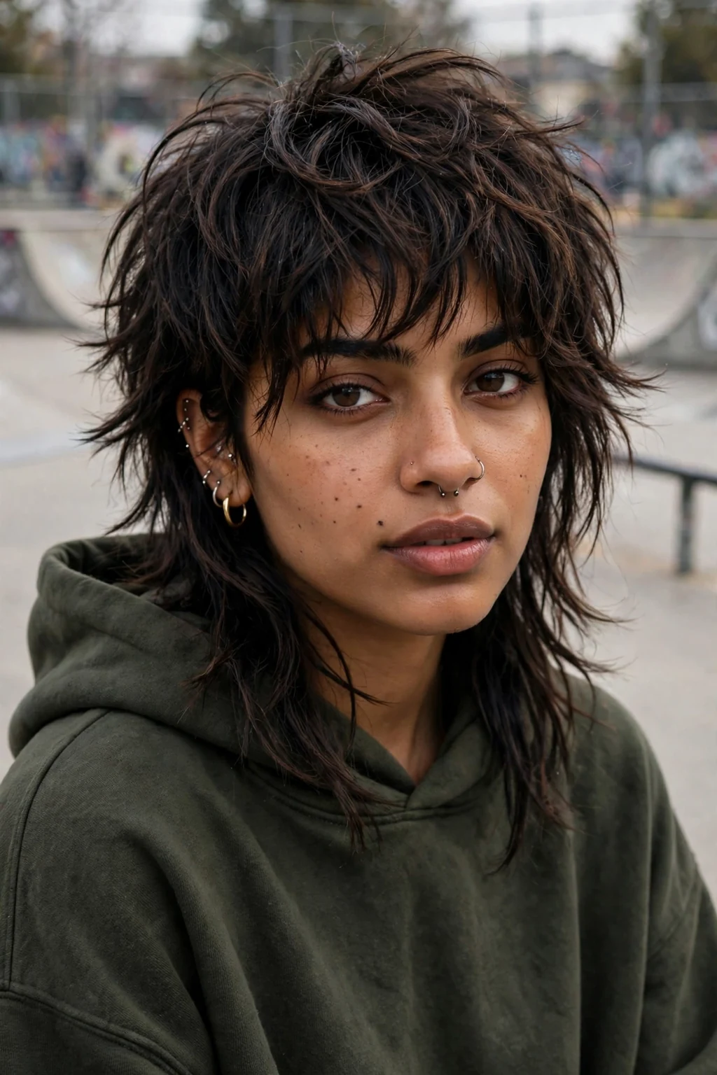 Beautiful woman with layered wolf cut, bold wolf cut layers, edgy light.