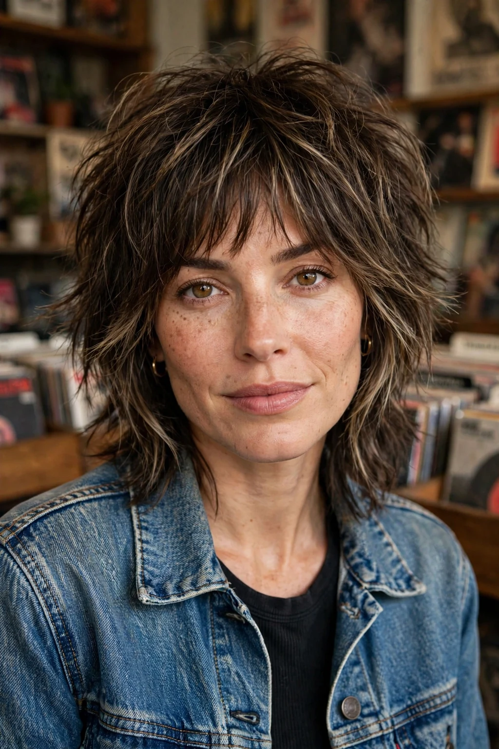 Beautiful woman with layered wolf shag, shaggy layered wolf, trendy light.