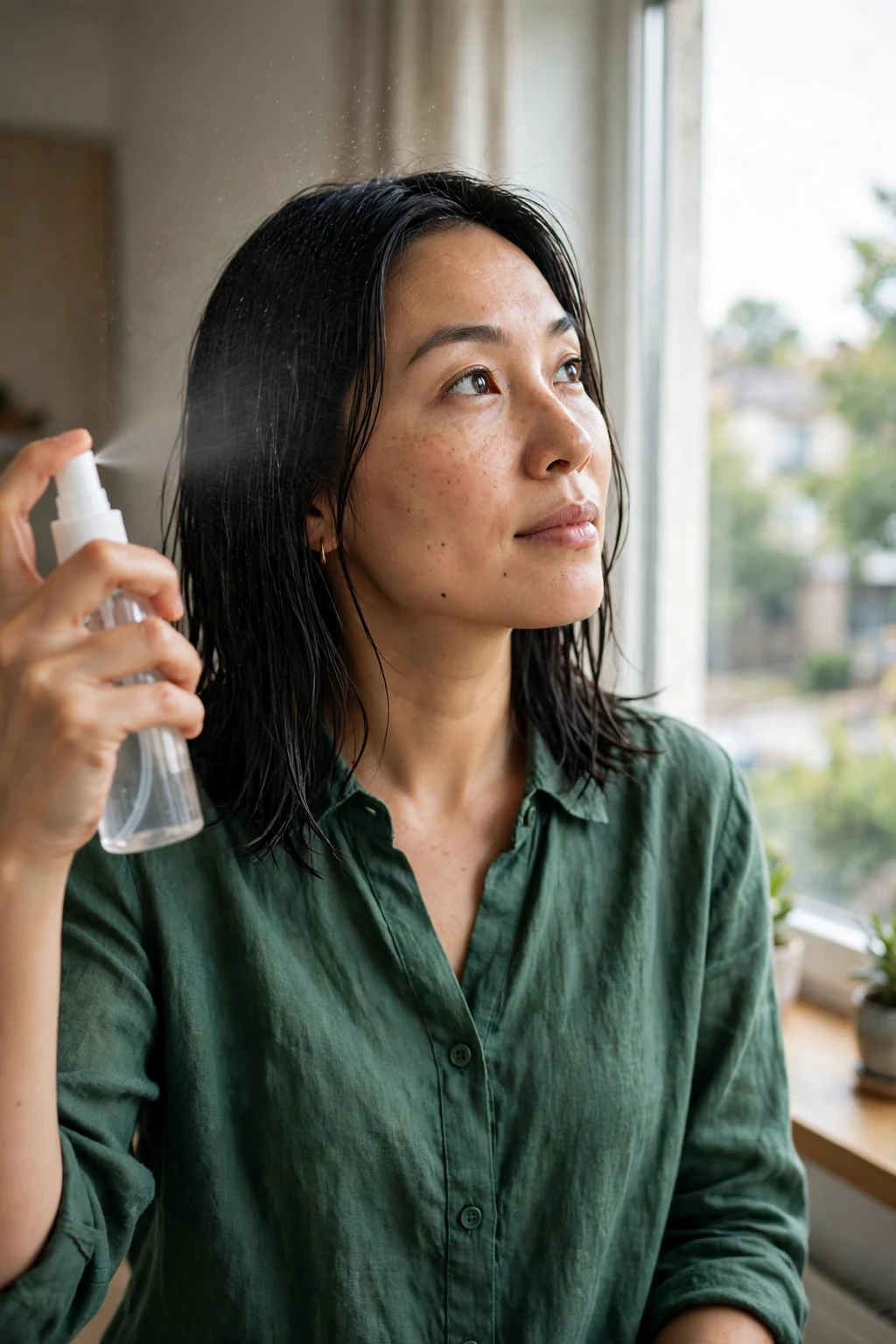 A young woman spraying leave-in conditioner onto her damp shoulder-length hair by a window.