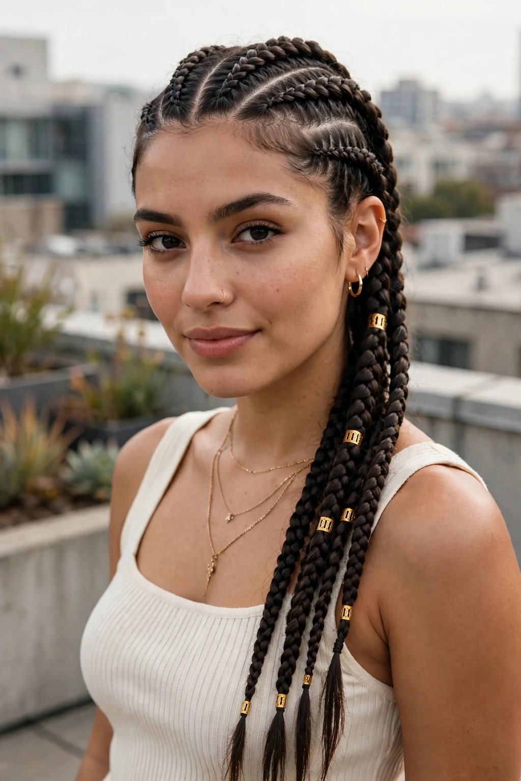 Beautiful woman with lemonade braids, trendy lemonade braids, stylish light.