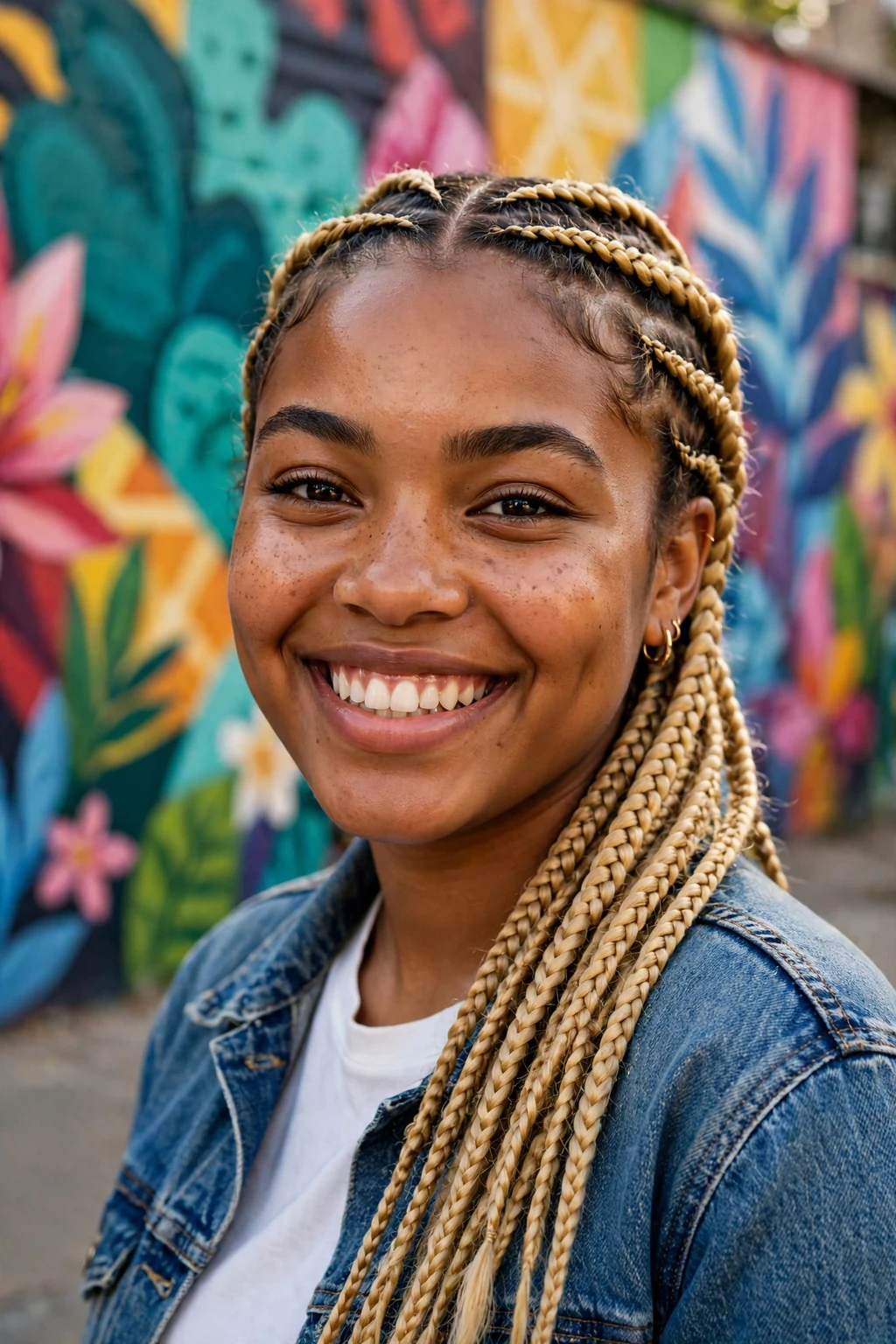 Young Black woman with lemonade cornrows at a street mural, wearing a denim jacket.