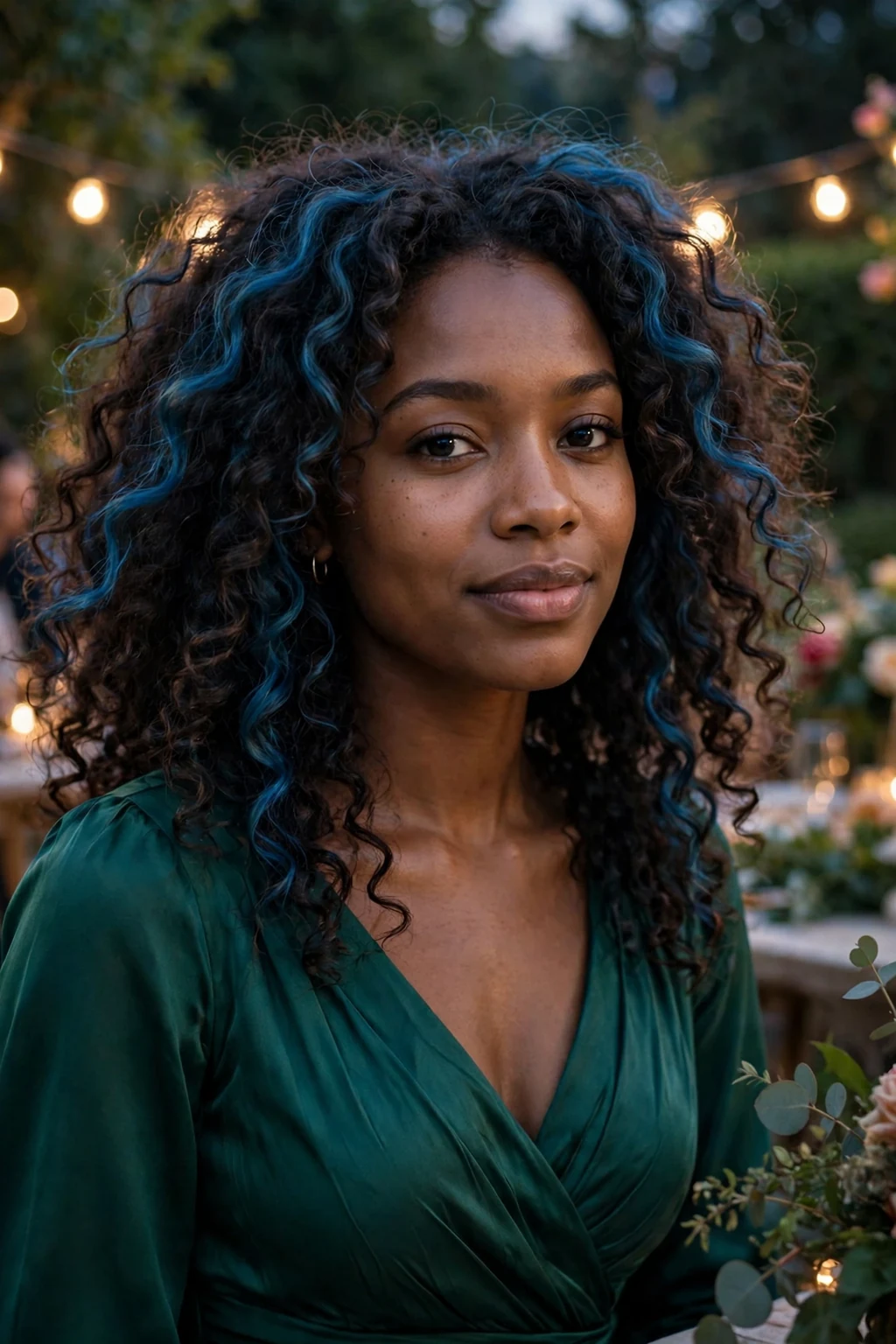 Young woman with loose curls and blue highlights at an evening garden party.