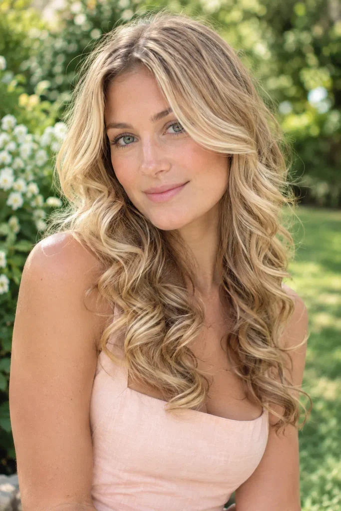 Young woman with medium-long honey blonde curls and face-framing layers, wearing a pale peach sleeveless dress in a sunlit garden.
