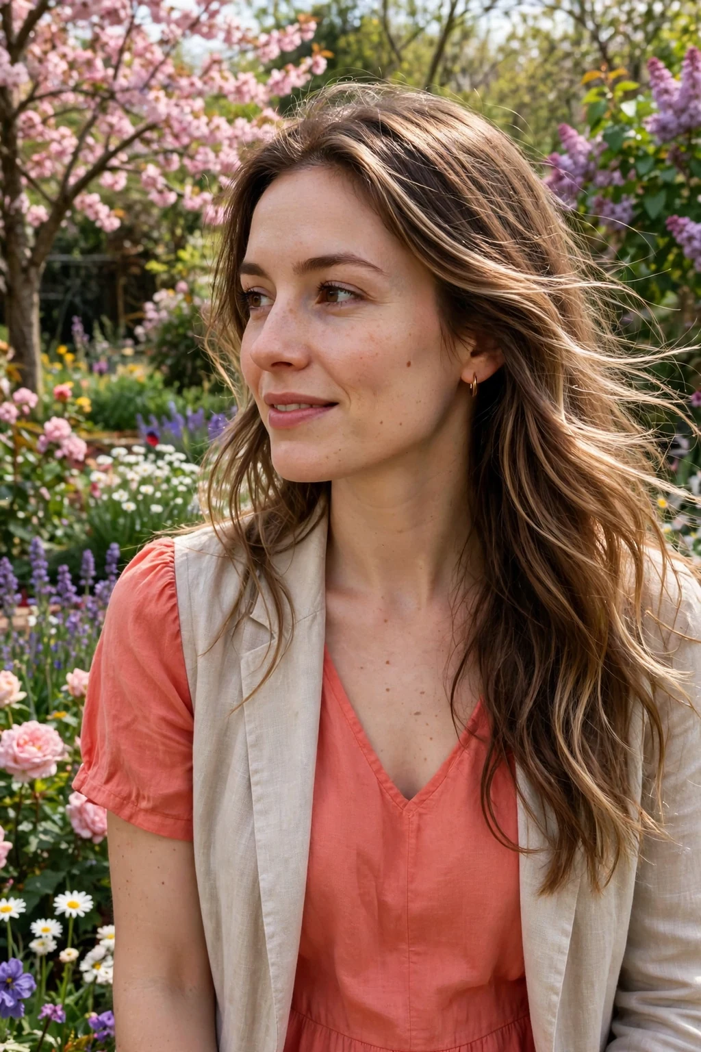 Young woman with light spring layers and soft movement, standing in a blooming garden wearing a coral dress.