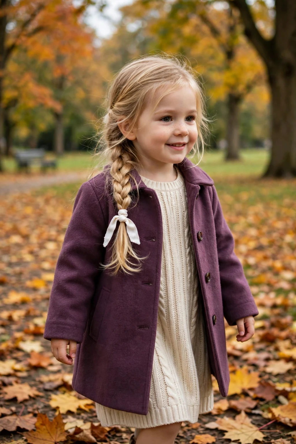 A toddler with a loose side braid and a white ribbon walking through autumn leaves in a park.