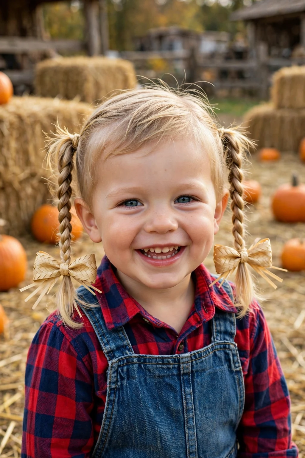A toddler with two braided pigtails and straw-coloured ribbons at a farm with hay bales.