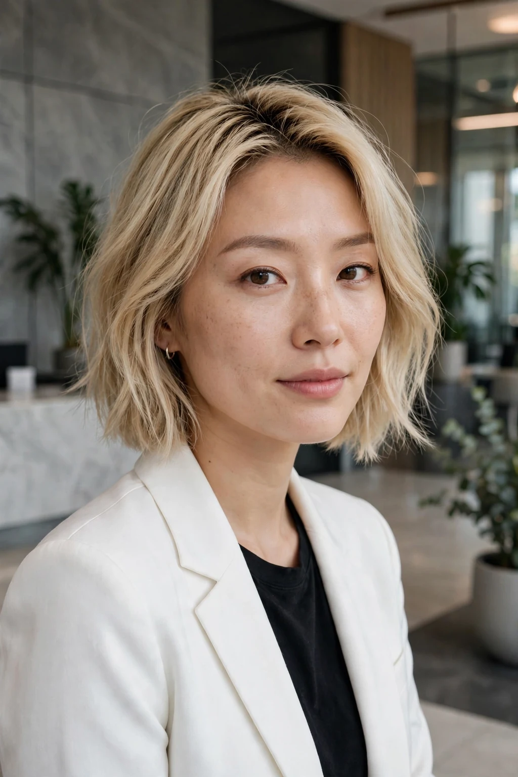 Beautiful woman with lived-in blonde lob, effortless blonde bob, chic light.