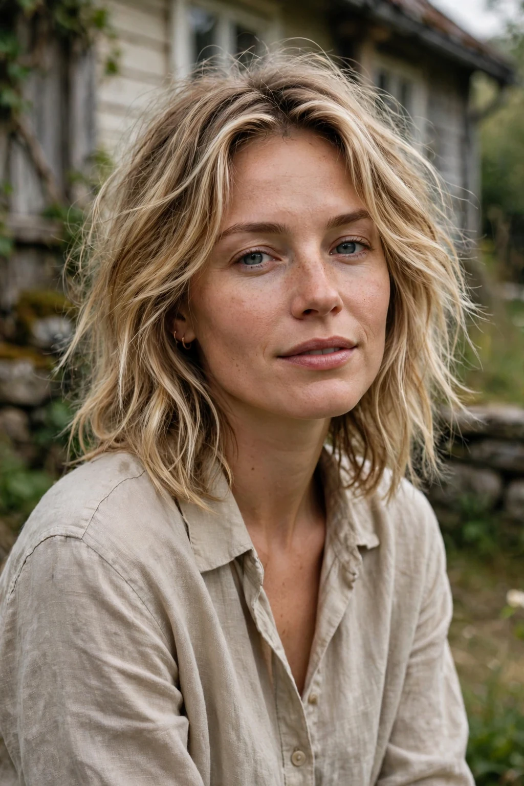 Beautiful woman with lived-in layered cut, effortless lived-in layers, relaxed light.