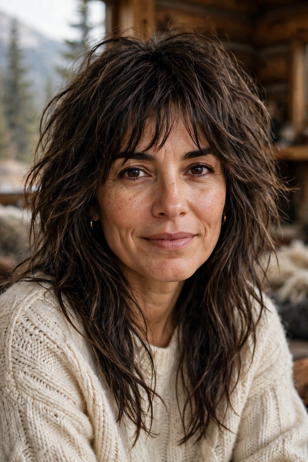 Beautiful woman with lived-in long shag, effortless lived-in long shag, casual light.