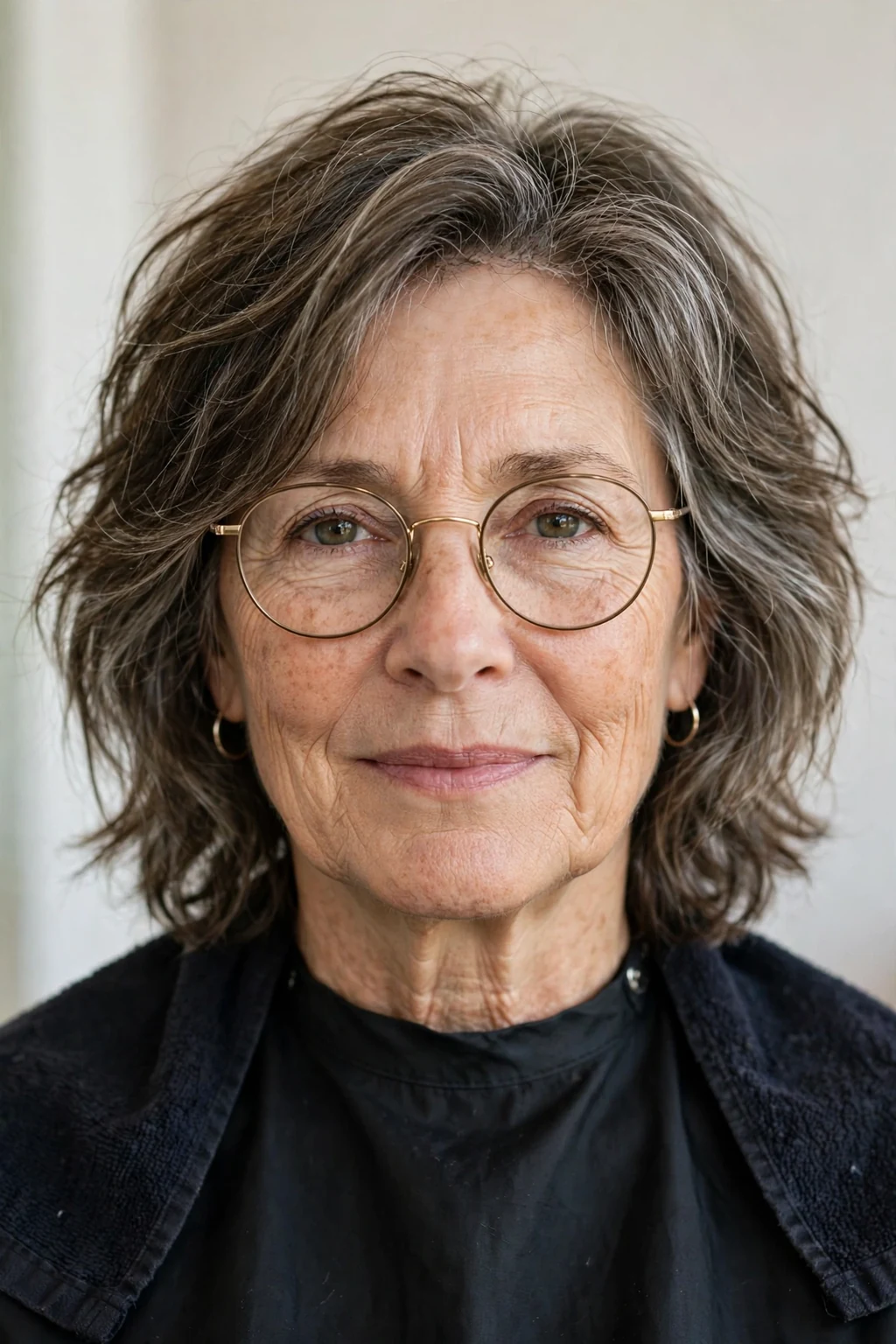 Elegant woman over 50 with glasses and lived-in medium cut, relaxed effortless texture, natural light.