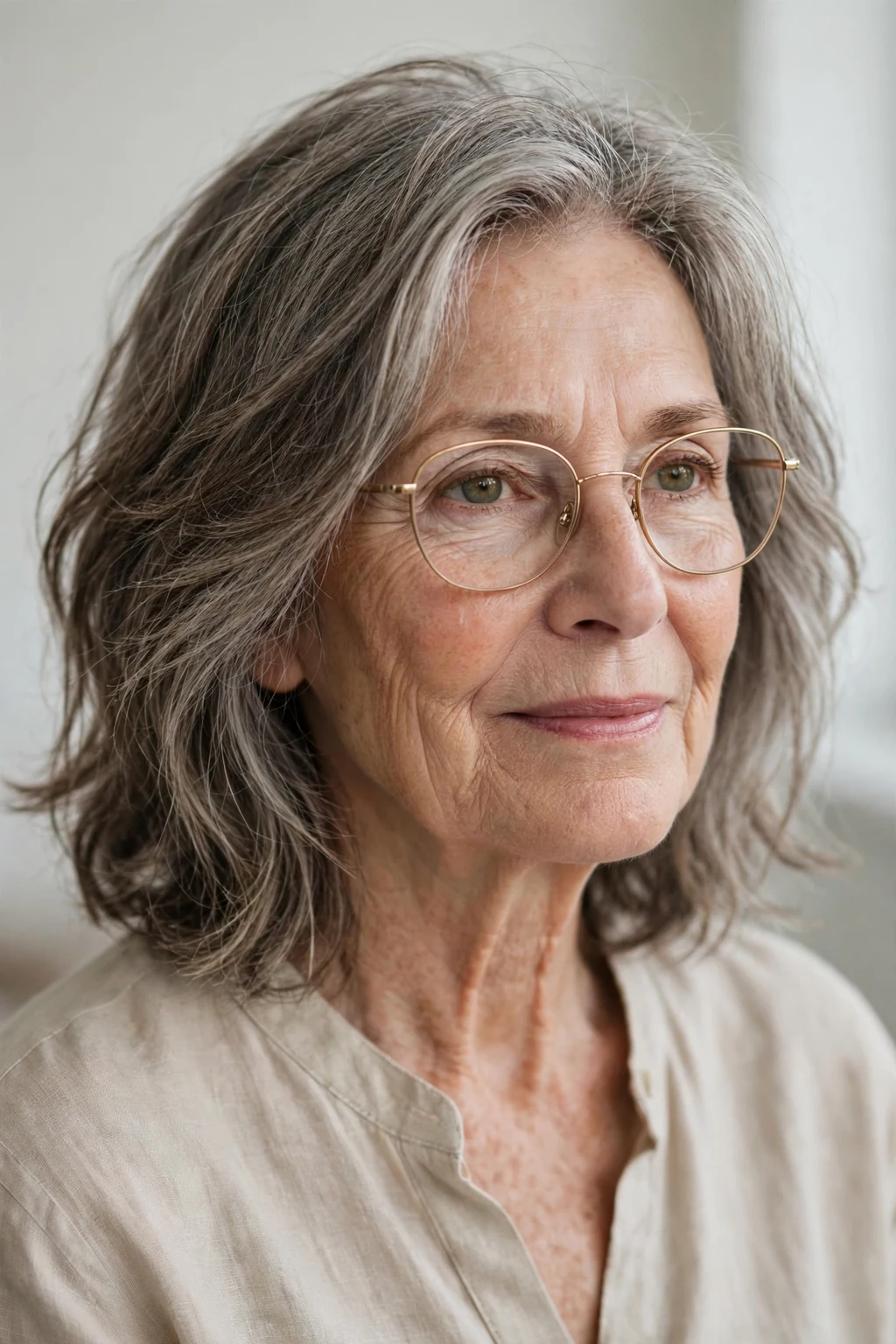 Elegant woman over 60 with glasses and lived-in medium cut, relaxed effortless texture, natural light.