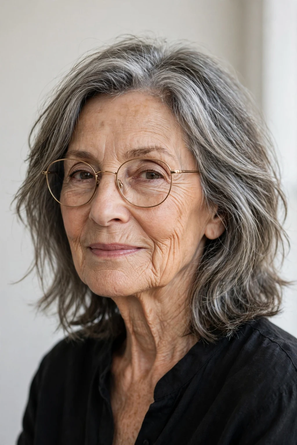 Elegant woman over 70 with glasses and lived-in medium cut, relaxed effortless texture, natural light.