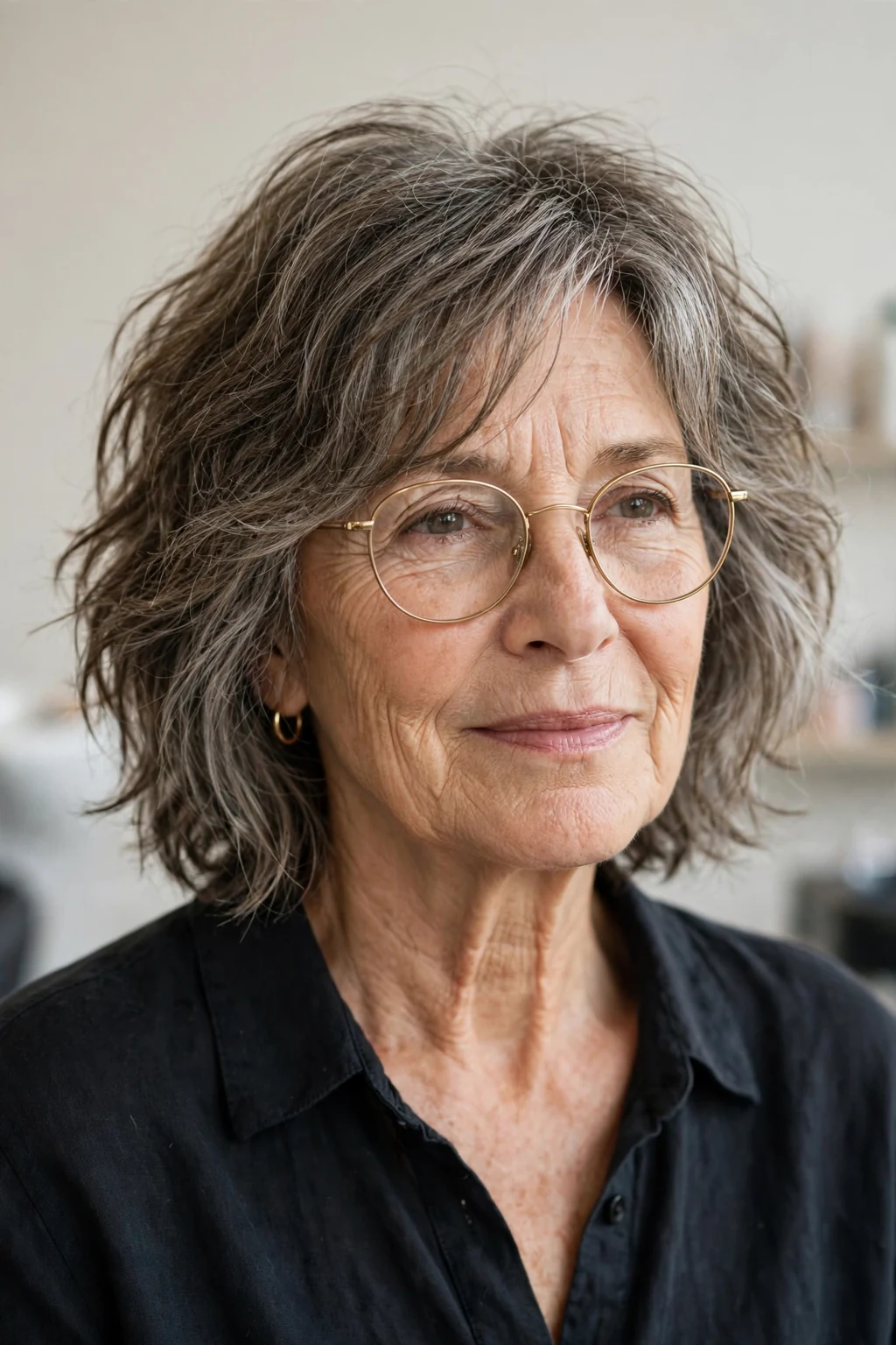 Elegant older woman with glasses and lived-in medium cut, relaxed effortless texture, natural light.