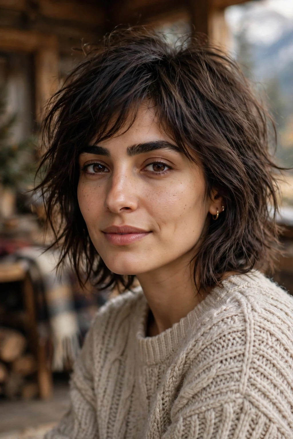 Beautiful woman with lived-in shag cut, effortless lived-in shag, relaxed light.