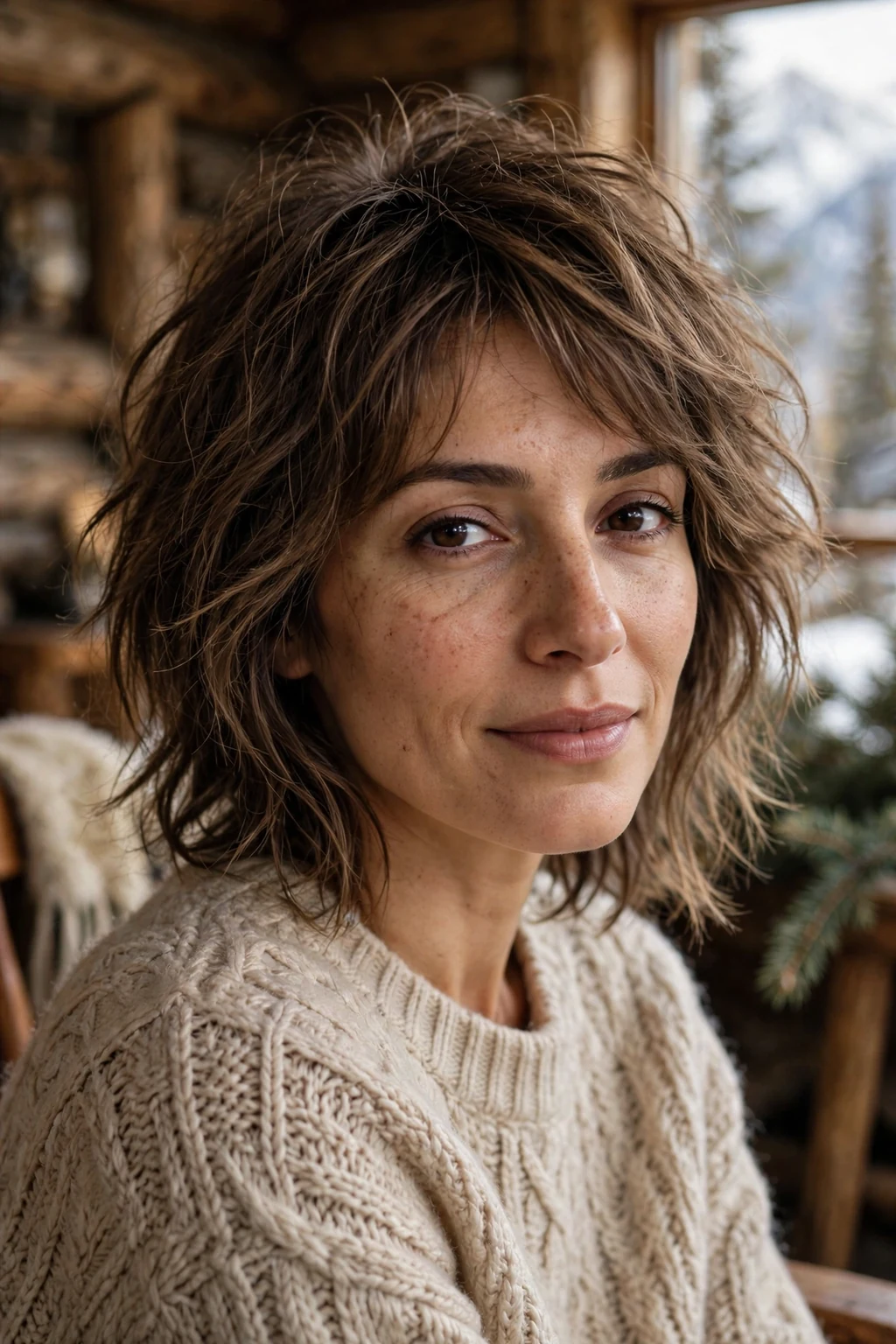 Beautiful woman with fine hair and lived-in shag, effortless lived-in shag, casual light.