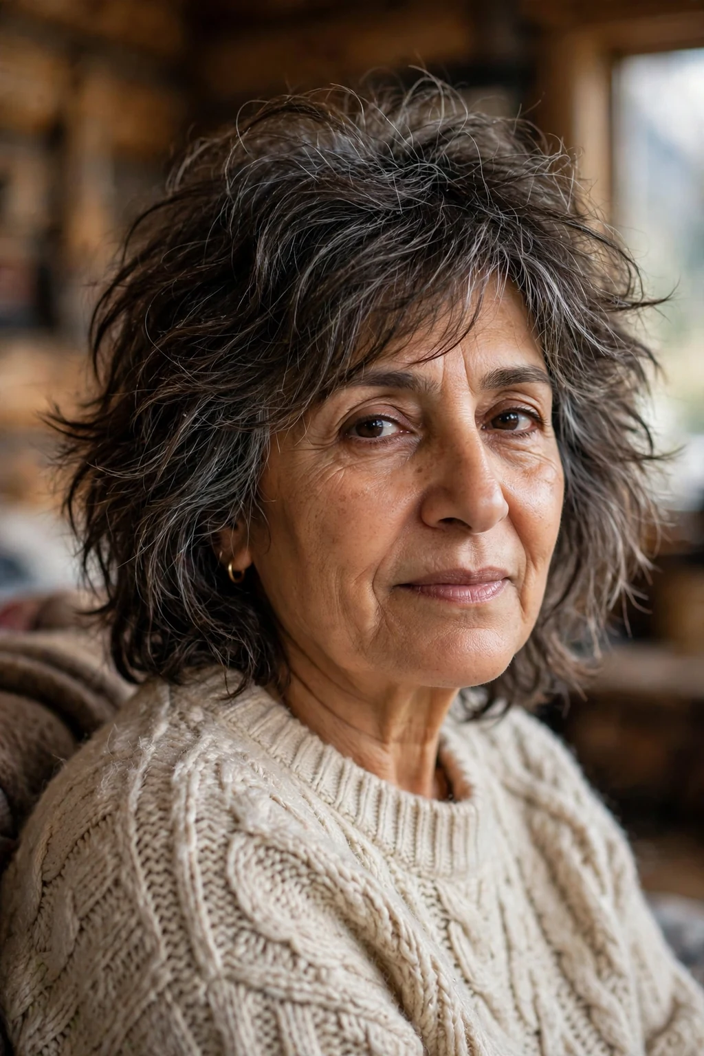 Beautiful woman over 60 with lived-in shag, effortless lived-in shag, casual light.