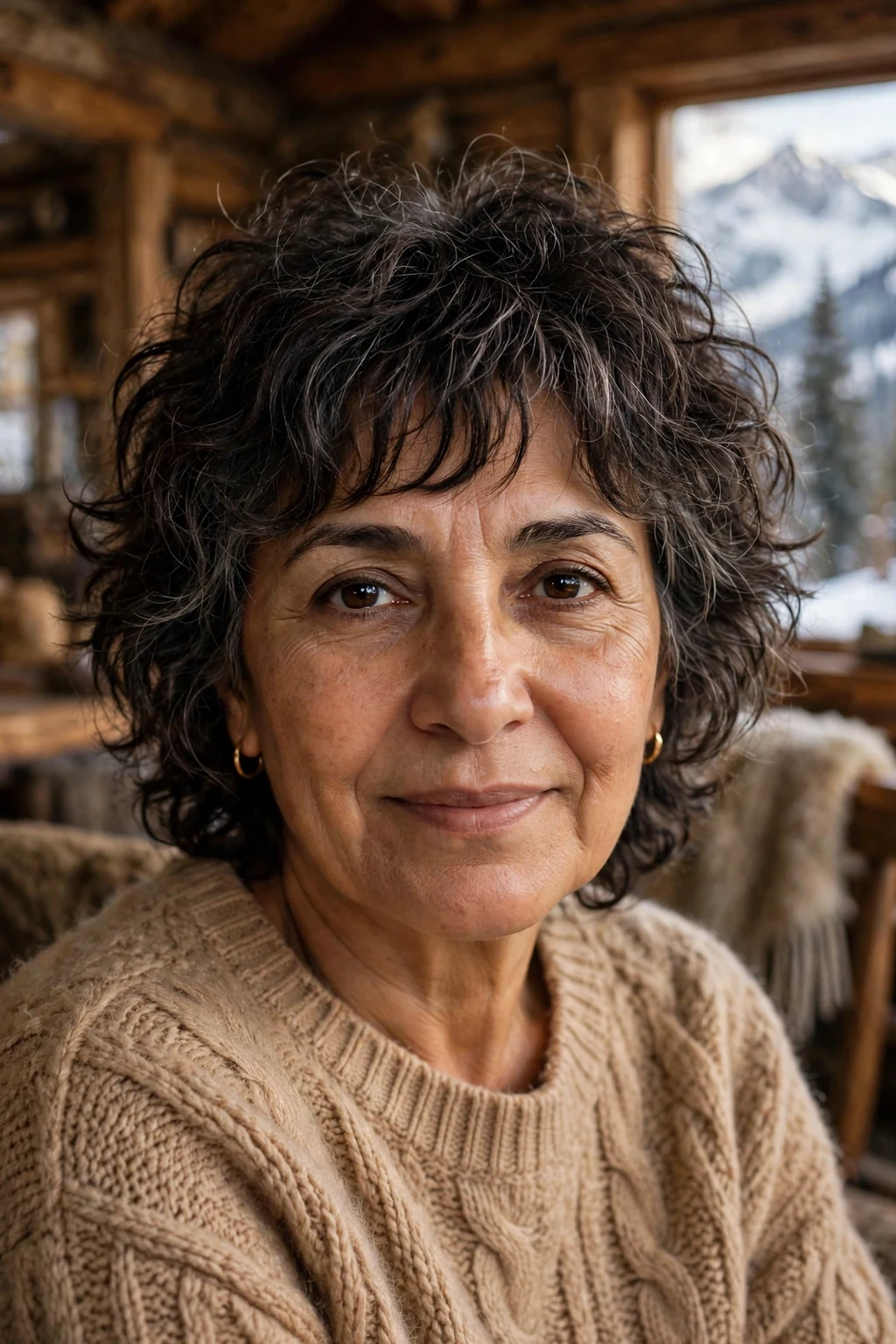 Beautiful woman over 50 with lived-in shag, effortless lived-in shag, casual light.