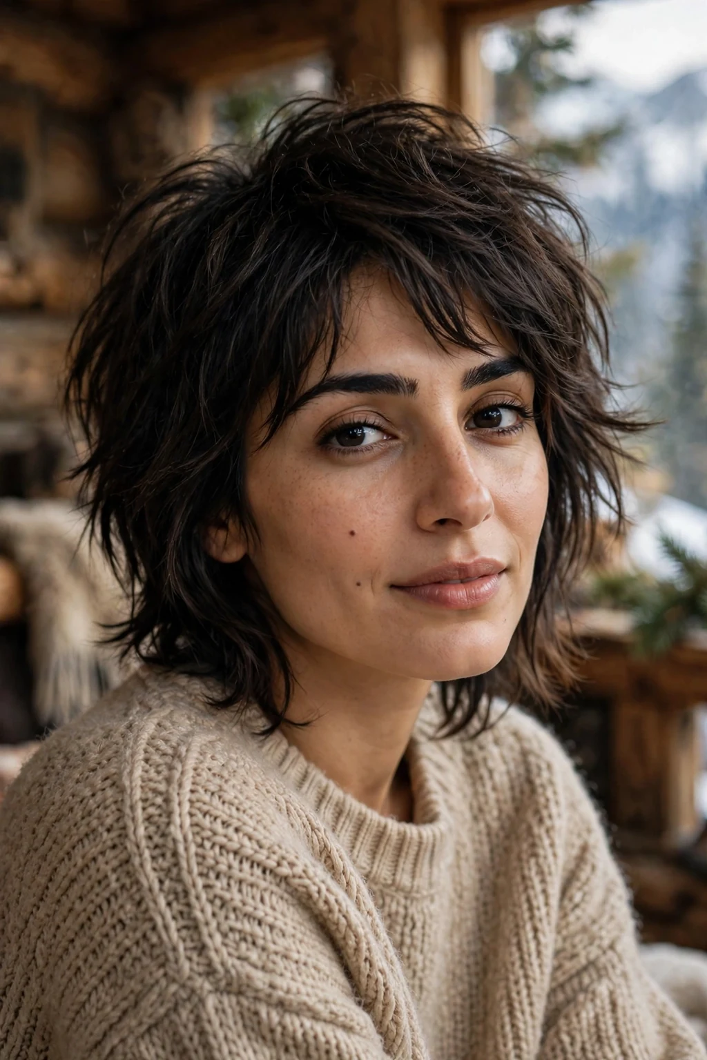 Beautiful woman with lived-in wolf cut, effortless lived-in wolf, relaxed light.