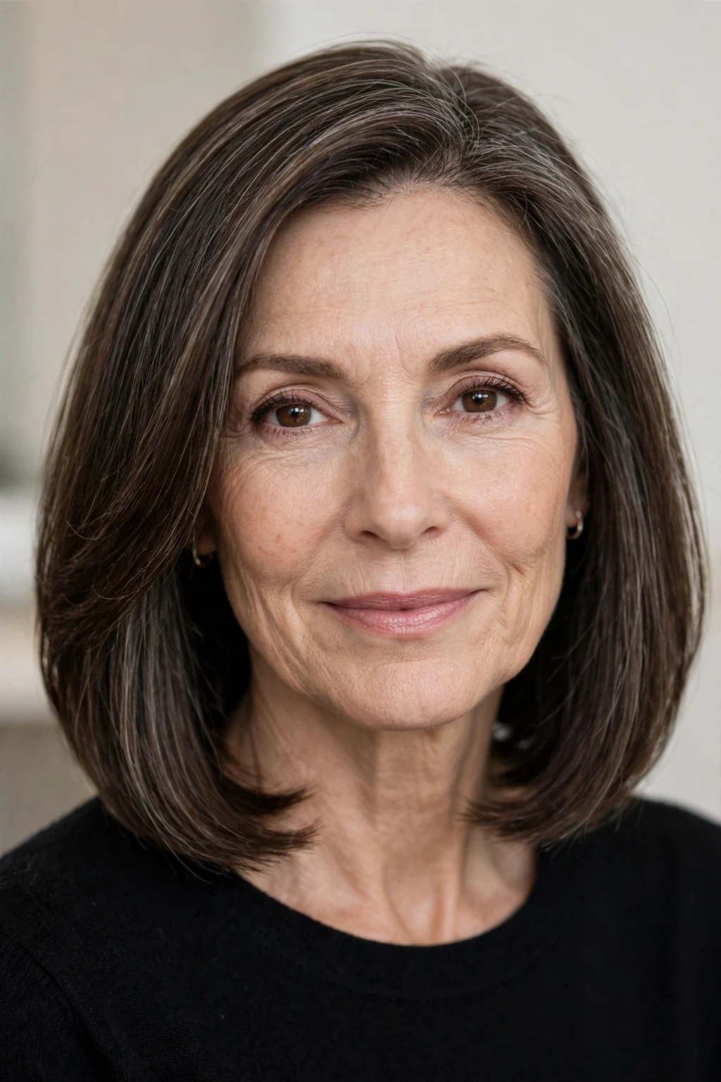 Elegant woman over 50 with lob, long bob with modern length, flattering light.
