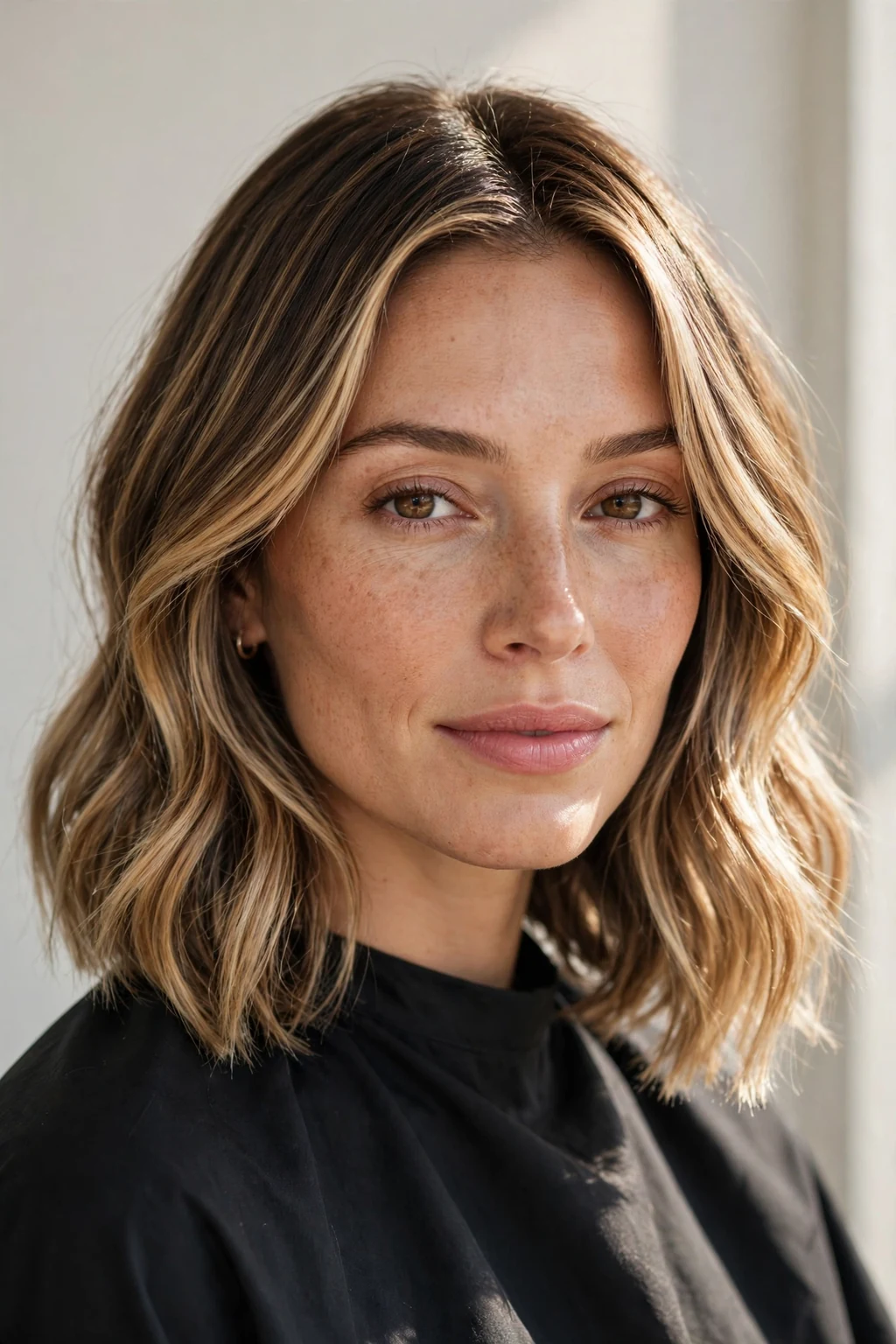 Woman with balayage lob, hand-painted dimensional color, sunlit photo.