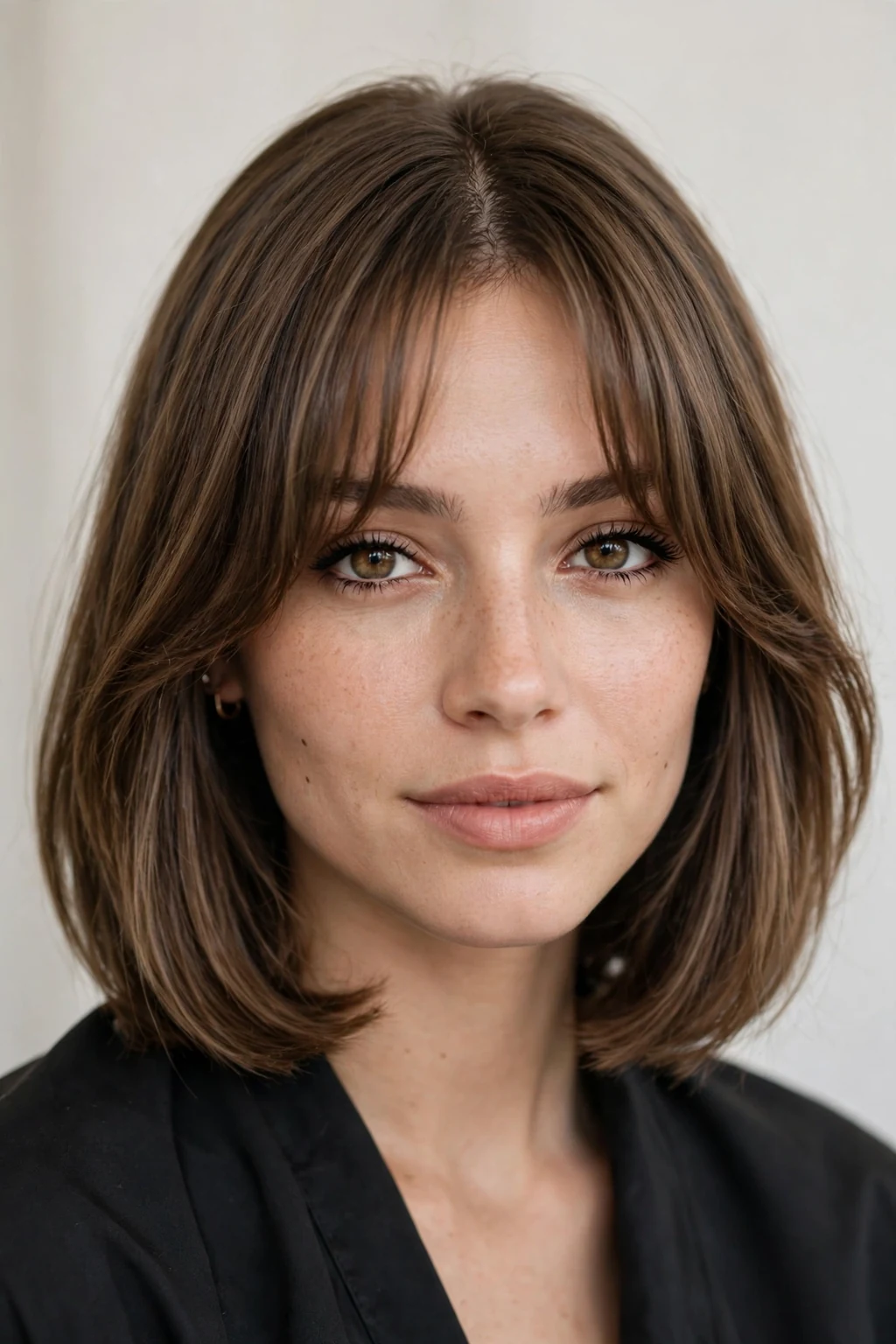 Woman with lob and curtain bangs, soft parted fringe, flattering light.