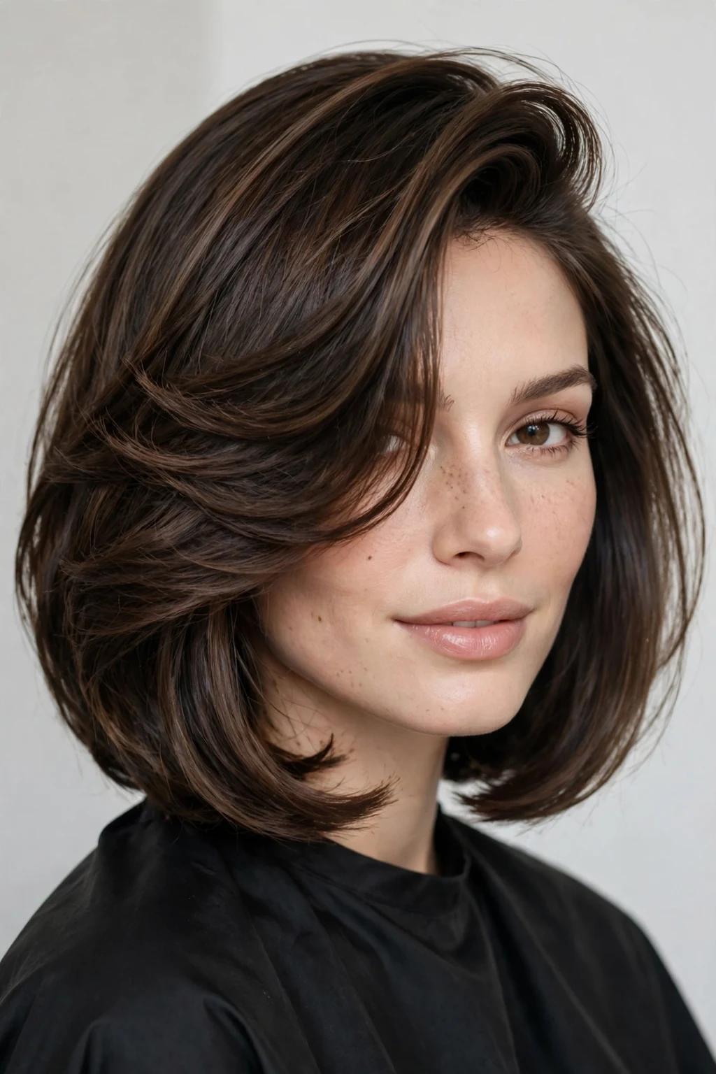 Woman with deep side sweep lob, glamorous voluminous sweep, elegant light.