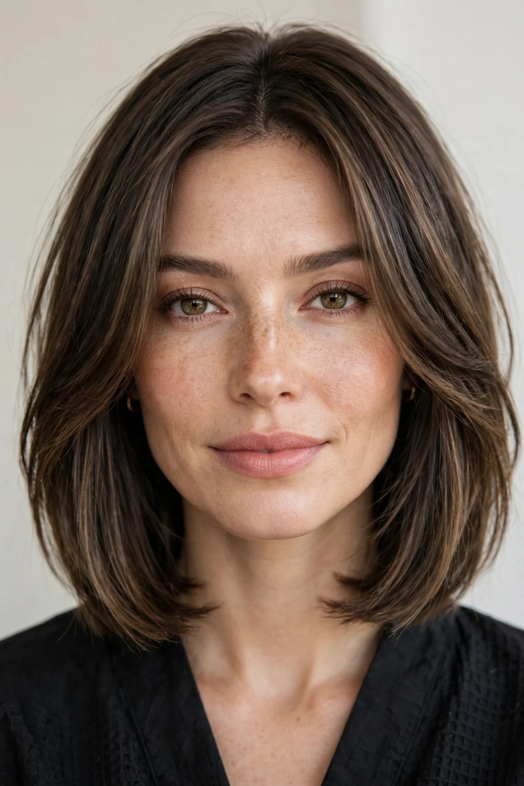 Woman with face-framing lob layers, contouring pieces, flattering light.